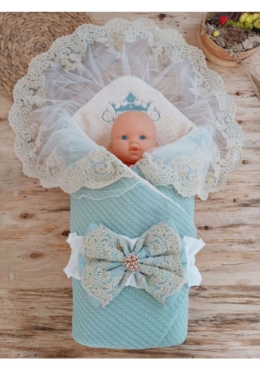 Yenidoğan Kuzulu Taç Nakış Güpürlü Fiyonklu Duvaklı Prizma Taş Unisex Kundak Bebek Battaniyesi Su Yeşili Çok Renkli