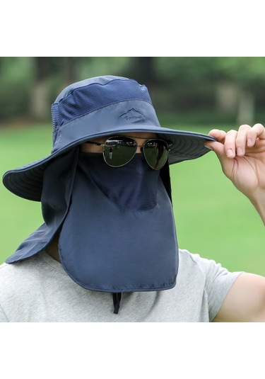 Çıkarılabilir Boyun Koruyucu Ve Yüz Siperli Geniş Kenarlı Güneşlikli Şapka Mavi