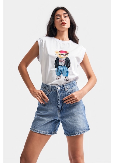 Itsbasic Kadın Mavi Renk Diana Mom Fit Midi Boy Denim Şort