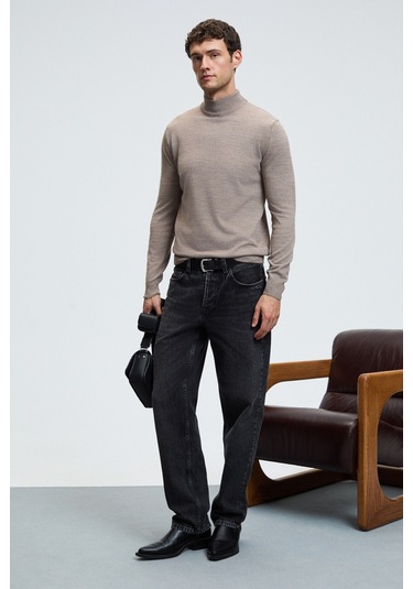 REBEL Erkek Yarım Balıkçı Yaka Basic Slim Fit Triko Vizon Kazak