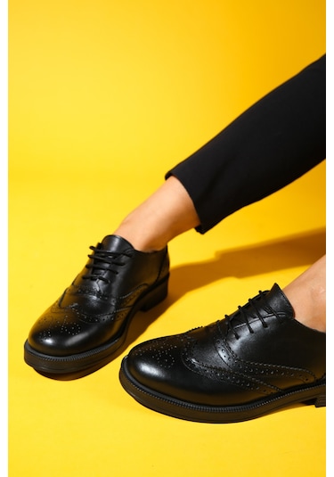 Avra Siyah Cilt Hakiki Deri Kadın Oxford Ayakkabı Siyah