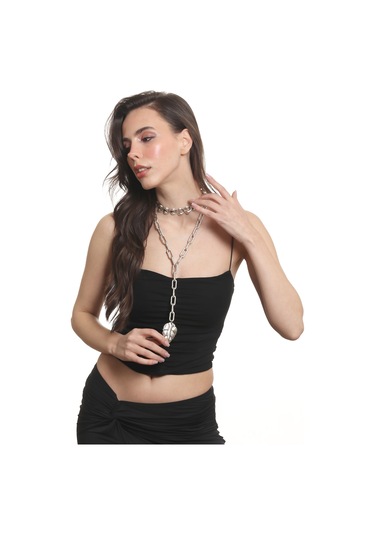 Labalaba Kadın Antik Gümüş Kaplama 2' Li Yaprak Uçlu Tasarım Kolye& Choker Gümüş