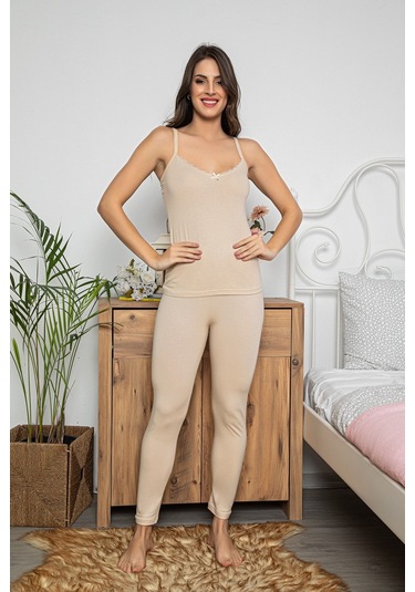 Kadın Krem Renkli Dantel Detaylı Şortlu Ve Taytlı Pijama Takımı 3'lü Set 75014 Krem