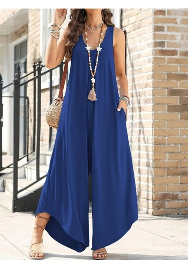 Soonaksesuar Kadın Askılı Yuvarlak Yaka Cepli Salaş Uzun Viskon Tulum Mavi