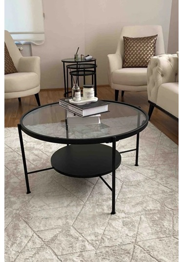 Nordic Orta Sehpa Temperli Cam 75 Cm Demonte Çizilmez Kırılmaz Metal Çerçeve Raflı Minimalist Sehpa - Siyah Siyah