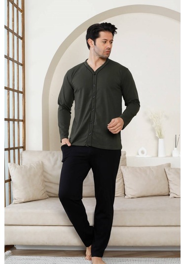 Erkek V Yaka Önden Düğmeli Pamuk Likra Mevsimlik Uzun Kol Cepli Pijama Takımı Haki