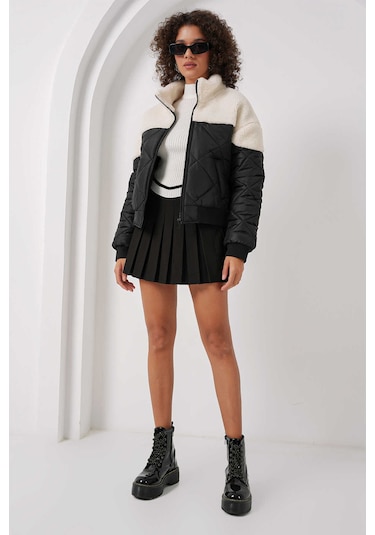 Gabria Pelüş Detaylı Kapitone Mont Siyah