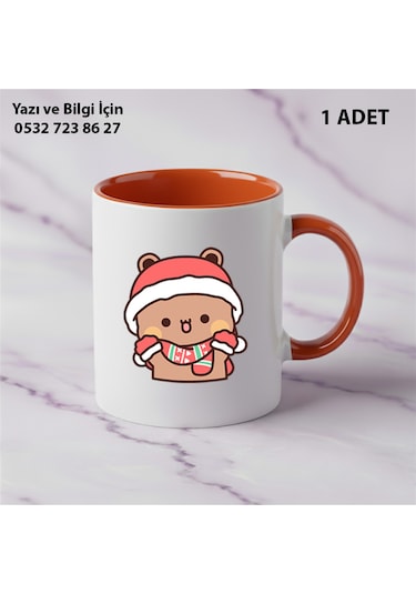 Dudu Ve Bubu Yılbaşı Yeni Yıl Tasarımlı Kişiye Özel İsimli Kupa Bardak Sevgiliye Hediye Turuncu