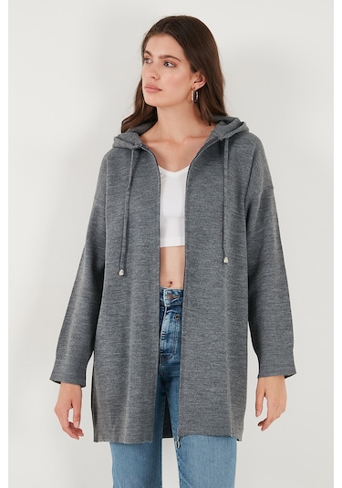 Lela Modest Regular Fit Kapüşonlu Tesettür Triko Bayan Hırka 4616176 Antrasit
