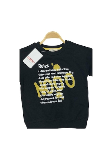 Çikoby Erkek Çocuk Pamuklu İnce Uzun Kollu Rules Tshirt-13798-siyah Siyah