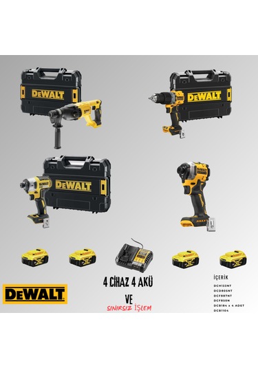 Dewalt DCH133NT + DCD805NT + DCF887NT + DCF850N 4 Adet 5 Amper Akü + Şarj Aleti Set