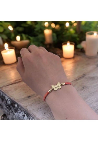 İpek İsmine Özel Kelebek Motifli 14 Ayar Altın Plakalı Turuncu Derili Hediye Bileklik-502isim İpek