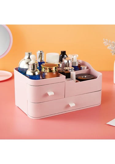 Youtek Masaüstü Makyaj Ve Bakım Ürünleri Depolama Kutusu - Çekmeceli Plastik Organizer - Basit Tasarım - Pembe Pembe