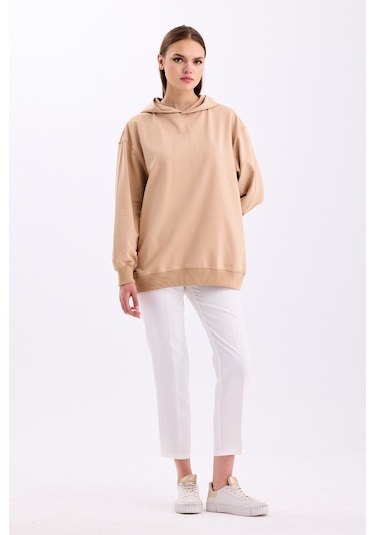 Pastelastore Pamuklu Kapüşonlu 2 İplik Baharlık Oversize Sweatshirt Bej