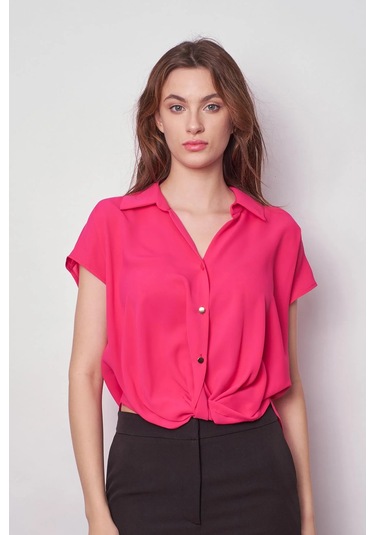 Likrasız Şık Kumaş Yakalı Düşük Omuzlu Önü Pileli Gömlek-Fujya Fujya