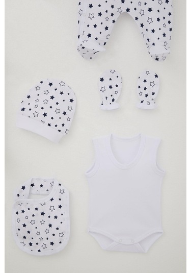 Breeze Erkek Bebek Hastane Çıkışı 8 Li Yıldız Desenli 0-3 Ay, Beyaz Beyaz