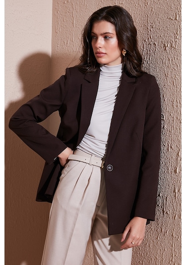 Lela Standart Fit Mono Yaka Desenli Astar Detaylı Blazer Bayan Ceket 6524003 Kahve
