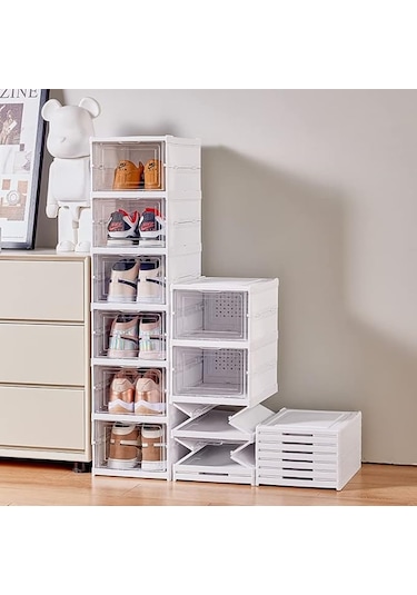 6 Katlı Kapaklı Katlanabilir Plastik Şeffaf Ayakkabı Dolabı Beyaz