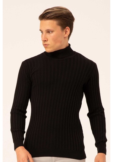 Ateş Triko Erkek Balıkçı Yaka Slim Fit Fitilli Triko Kazak 6091288 Siyah Siyah