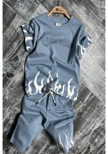 Yeni Sezon Alev Desenli Mavi Renk Erkek Çocuk Şortlu Takım Mavi