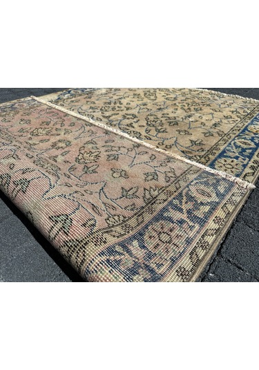 El Dokuma 115x175 Eskitme Vıntage Dekoratif %100 Yün Mavi Krem Mavi