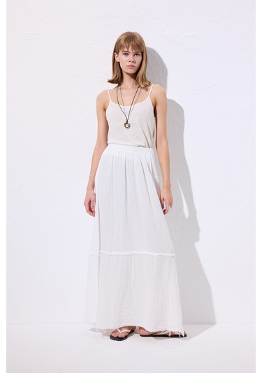 Müslin Katlı Geniş Etek Ekru Ekru