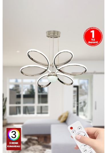 Fuzon Orkide Medium 3 Renk Toplu Kumandalı Led Avize Gümüş Salon Avize Gümüş