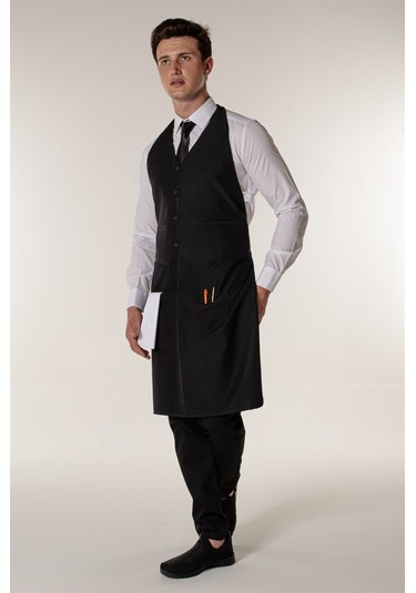 Siyah Garson Kafe Restoran Yelekli Askılı Önlük-Siyah