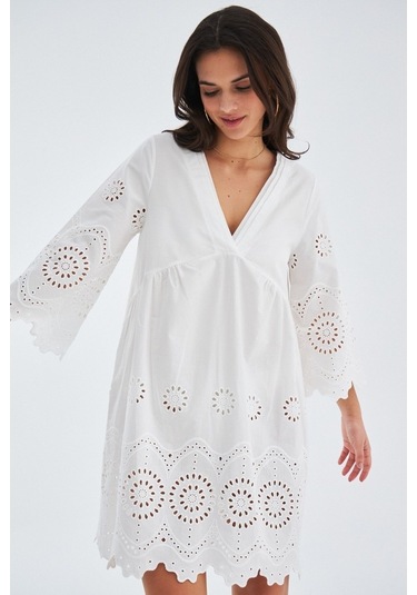 Peraluna Hiromi Dress %100 Pamuk 3/4 Kol Diz Hizası Yazlık Kadın Beyaz