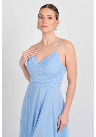 Doridorca Kadın Sırt Dekolteli Fiyonklu Drapeli V Yaka Abiye Elbise 6128 Bebe Mavisi Bebe Mavisi
