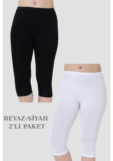 Kadın Diz Altı Kapri Boy Penye Tayt Beyaz - Siyah 2'li Paket Beyaz - Siyah