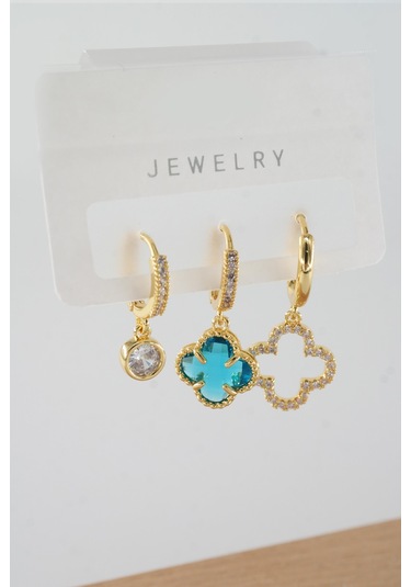 By Zeyna Aksesuar Kadın Vip Seri Baget Zirkon Taşlı Karışık Figürlü 3'lü Küpe Zrk00536 - Altın