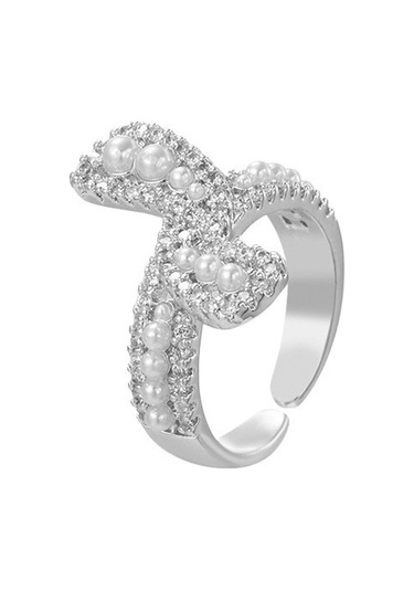 Soulader Kadın Moda Lüks Açık Yüzük Zarif Barok İnci Tasarım Yay Formu Zirkon Taşlı Bakır Kaplama Altın Renk Şık Takı Aksesuar Gümüş