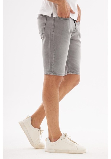 Erkek Yıpratmalı Slim Fit Likralı Kot Jean Şort Gri