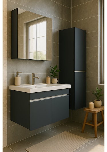 Arista 80 Cm Antrasit Mdf, Seramik Lavabo,alt, Üst Ve Boy Dolaplı Antrasit