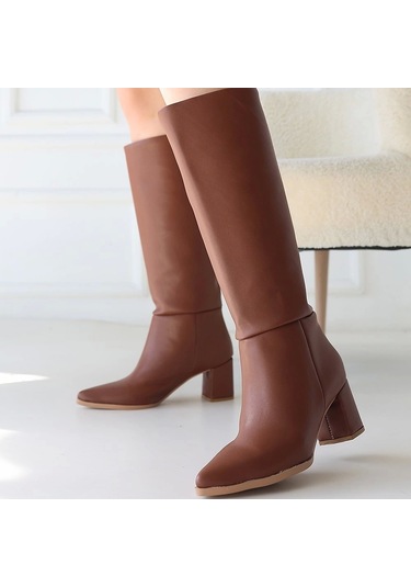 Roksa Taba Cilt Topuklu Çizme Taba