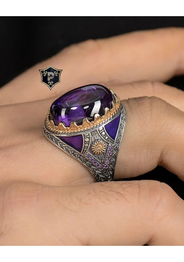 Ametist Taşlı 925 Ayar Gümüş Erkek Yüzüğü Zirkon Taş Süslemeli 800343