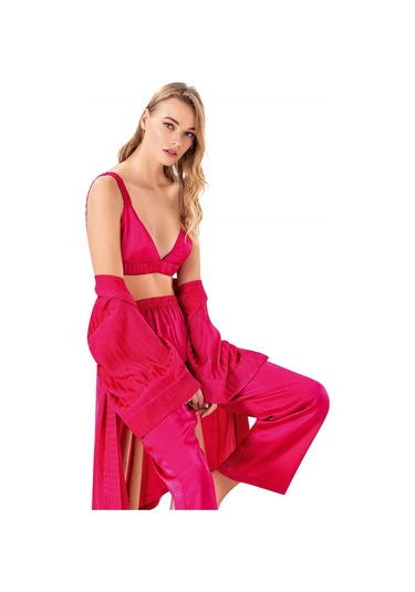 Kadın Yazlık Saten Çizgili Braletli Sabahlıklı Üçlü Set Flz 31-65 Fuşya