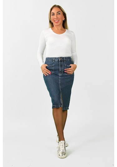 Kadın Önden Cepli Kot Etek Mavi