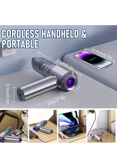 Dashanshop 16000pa Kablosuz El Süpürgesi Silvery Purple 4ü1 Fonsuz Motor 3 Hız Uzun Şarjlı Araç Ev