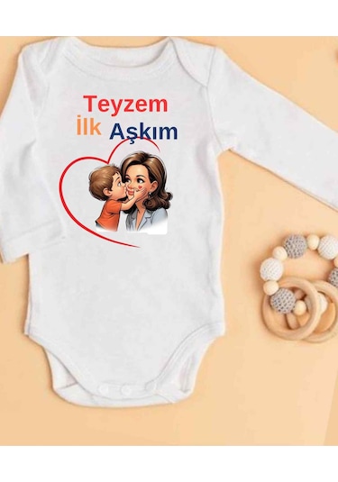 Lupi İsimli Zıbın Yazılı Bebek Zıbın Bej Melanj-açık Mavi Beyaz