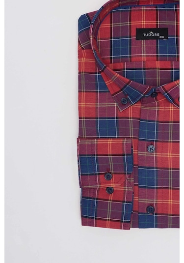 Tudors Büyük Beden Düğmeli Yaka Kareli Pamuklu Erkek Gömlek-31470-çok Renkli