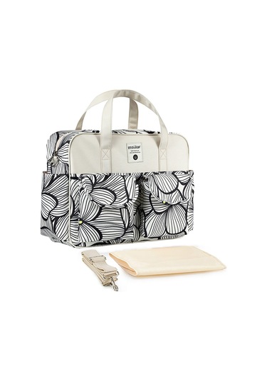 Neevoyu Insular Bebek Bezi Çantası 6067 - Taşınabilir Çift Taraflı Askılı Çanta, Dayanıklı 210d Poliester, Çoklu Cep, Siyah Petal Desenli Siyah