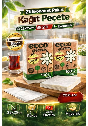Ecco Green Kağıt Peçete 100 Lü 2 Adet 23x25 Cm Ekonomik Paket Beyaz