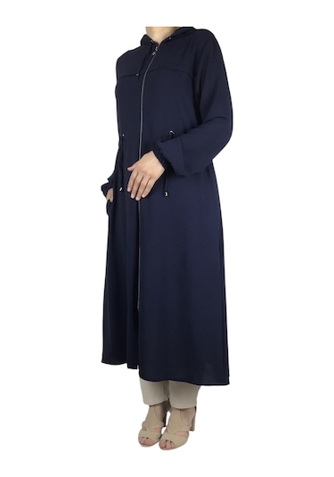 Kadın Kapşonlu Beli İp Detaylı Yandan Cepli İnce Ayrobin Spor Kap Zümrüt