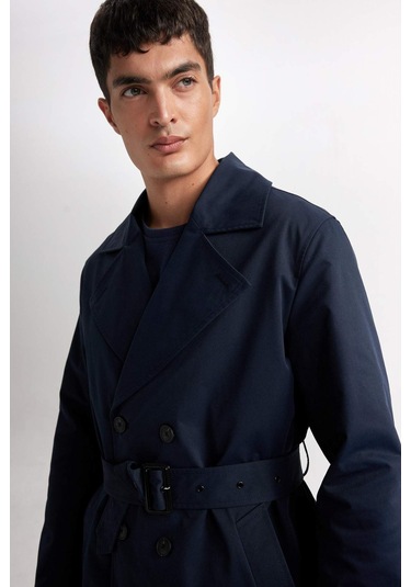 DeFacto Slim Fit Dar Kesim Düğmeli Kemerli Trençkot D5528AX25SPNV253 Lacivert