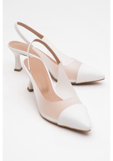 Moore Beyaz Şeffaf Arkası Açık Sivri Burun Kadın Topuklu Ayakkabı Beyaz