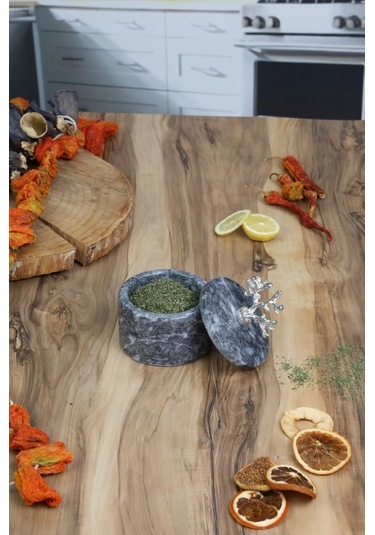 El Yapımı Mermer Baharatlık Tuzluk Biberlik 2 Adet Siyah