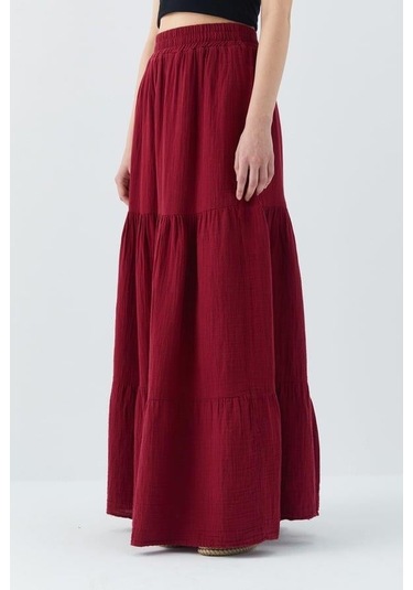 4567 Kadın Fırfırlı Uzun Müslin Etek Bordo Bordo