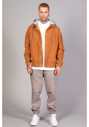 Erkek Camel Çıkarılabilir Kapüşonlu Oversize Pamuklu Kadife C... CAMEL